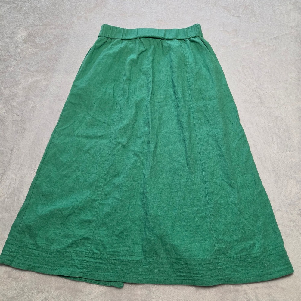 Cottagecore Boho Green Linen Blend Button Front A Line Midi Skirt XS Coastal - Picture 3 of 7